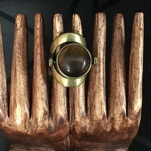 Unique ring in brass tone metal, with swivel head -brown or turquoise color